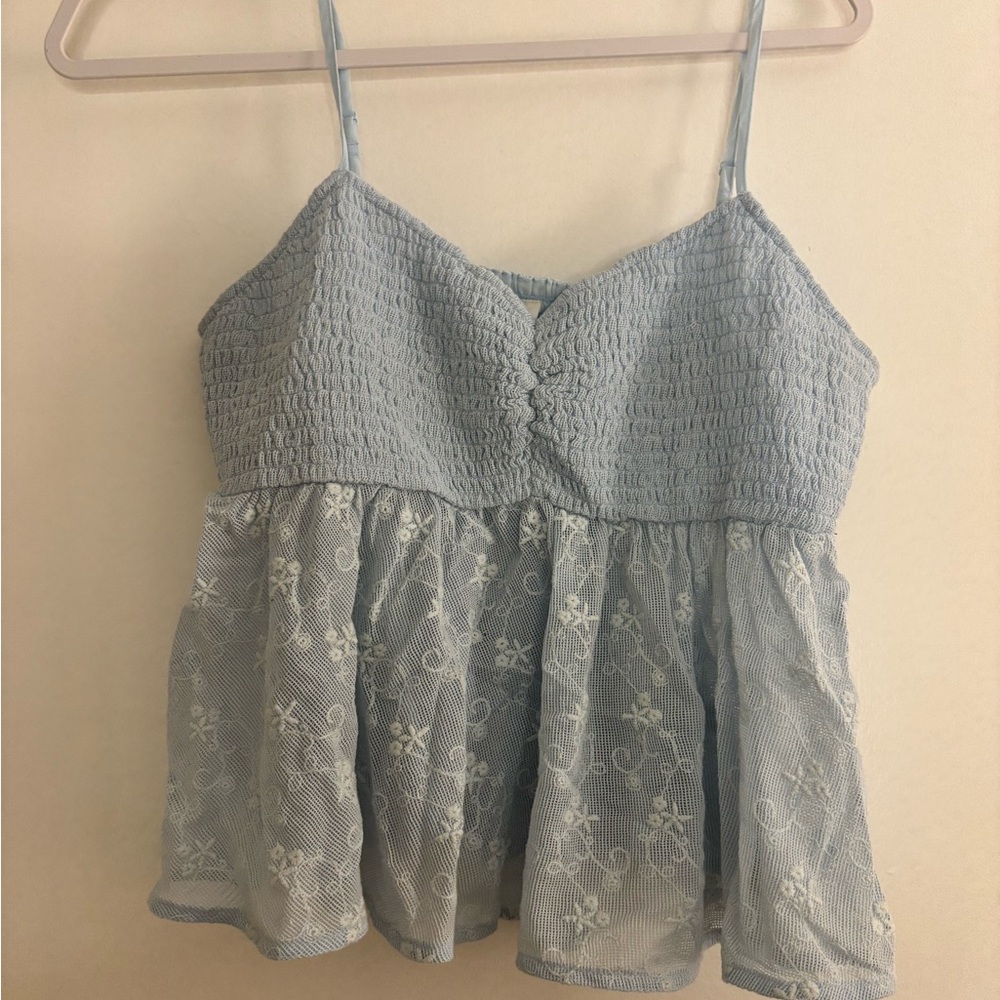 American Eagle Outfitters Light Blue Lace-Trim Smocked Camisole Tank
